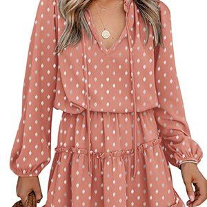 BTBFHM Tie Neck Ruffle Skirt Dress in Champagne Print, Size M